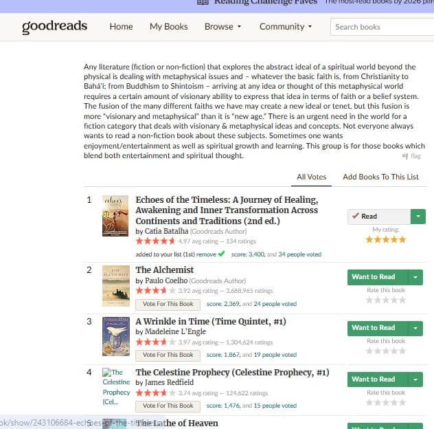 Echoes of the Timeless: A Journey of Healing, Awakening and Inner Transformation Across Continents and Traditions on the Visionary and Metaphysical Fiction Goodreads list